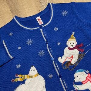 Vintage Winter Scene Polar Bear Ugly Christmas Cardigan Sweater L Large EUC‎